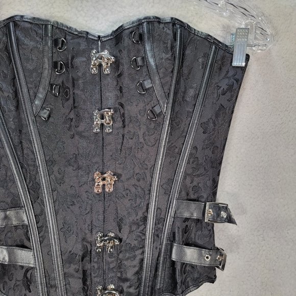 Black Floral Satin Gothic Strapless Steampunk Buckle Lace Up Sexy Bustier Corset - Picture 5 of 15